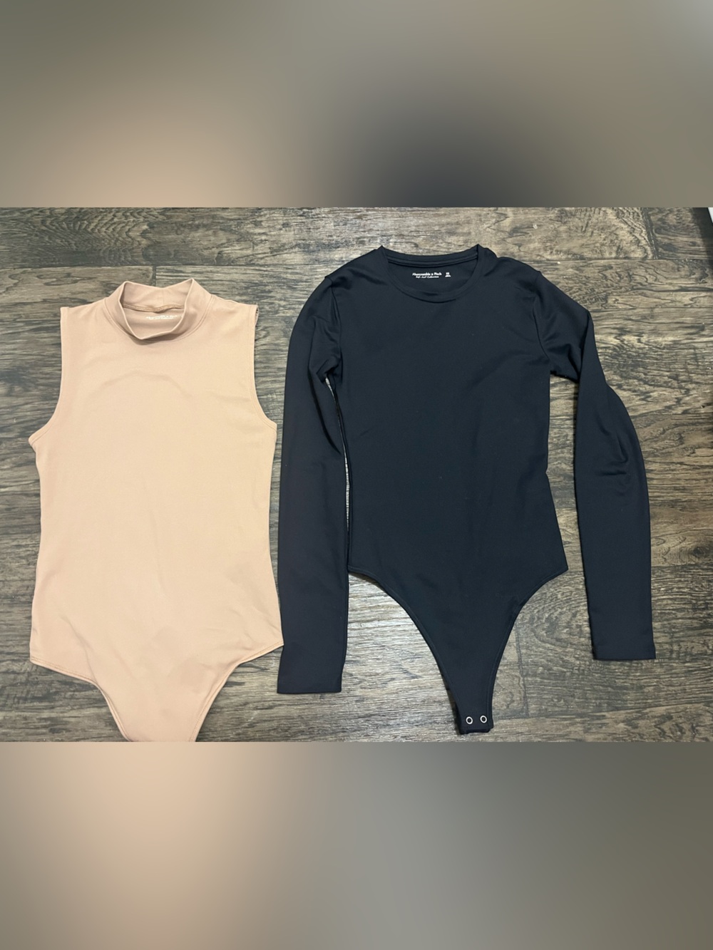 Abercrombie & Fitch Black Long-Sleeve Bodysuit and tan Sleeveless Bodysuit